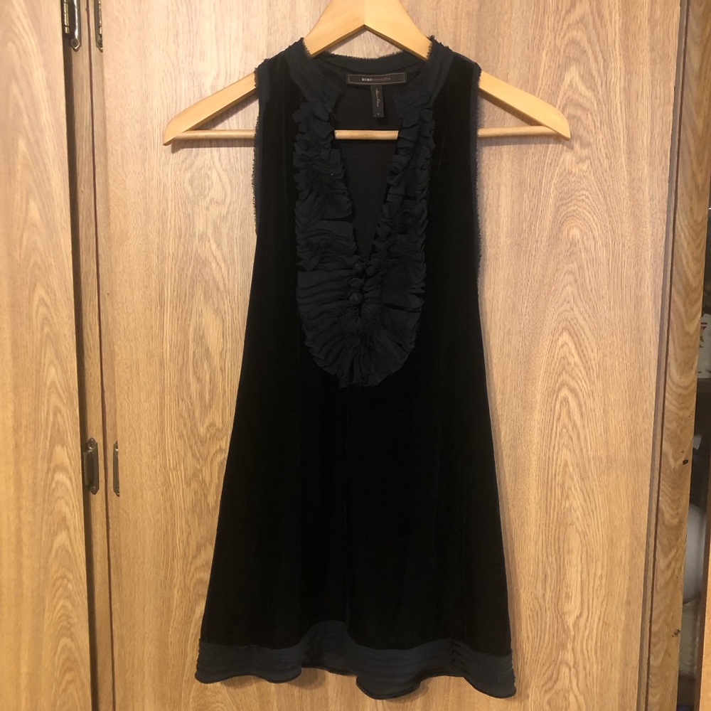 BCBGMaxAzria Black Velvet Ruffle Detail Tank Top